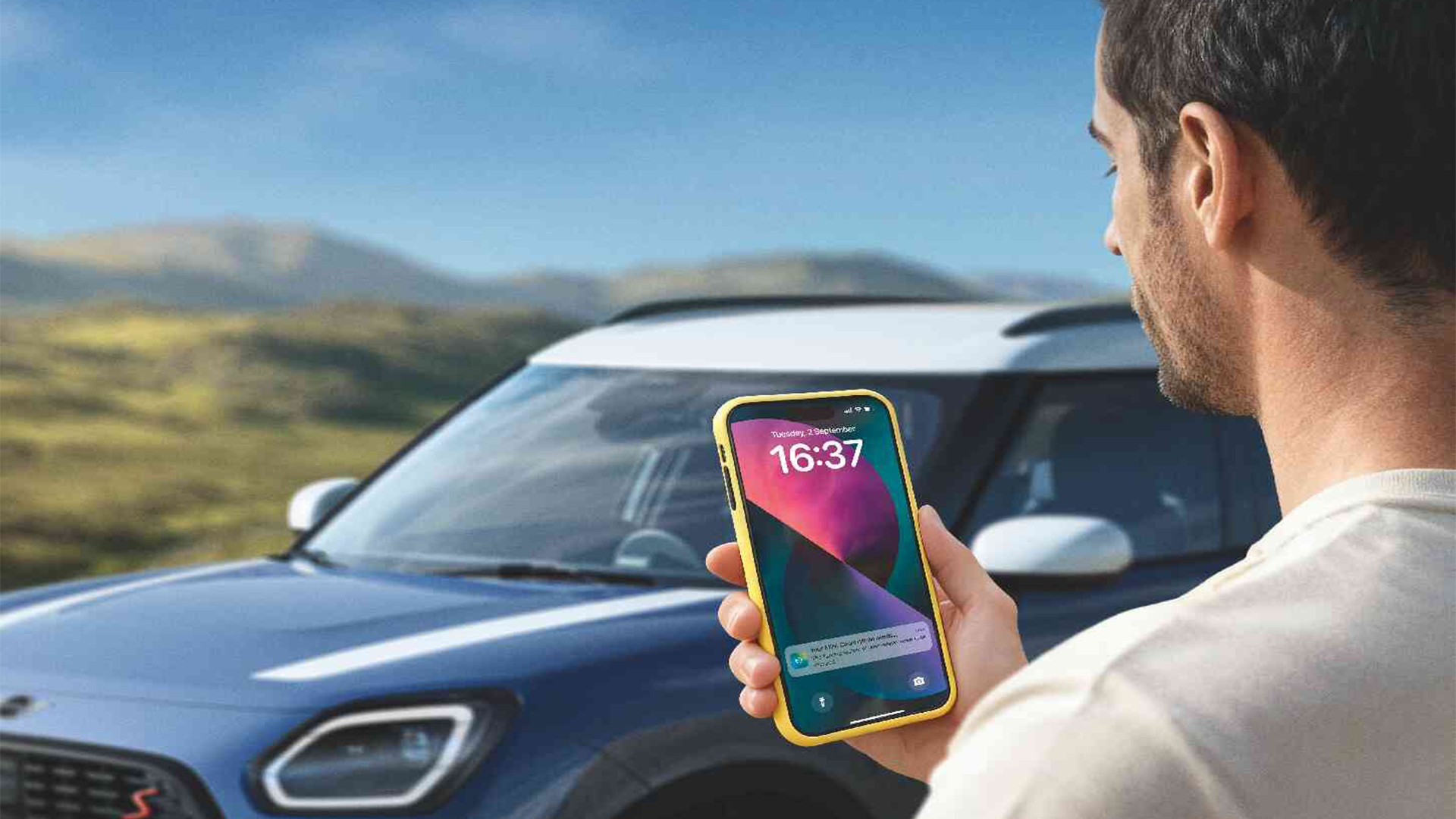 Una MINI Countryman che passa accanto a una mucca che pascola pacificamente. Con ProActive Care pensiamo noi alle preoccupazioni, lei deve solo guidare.